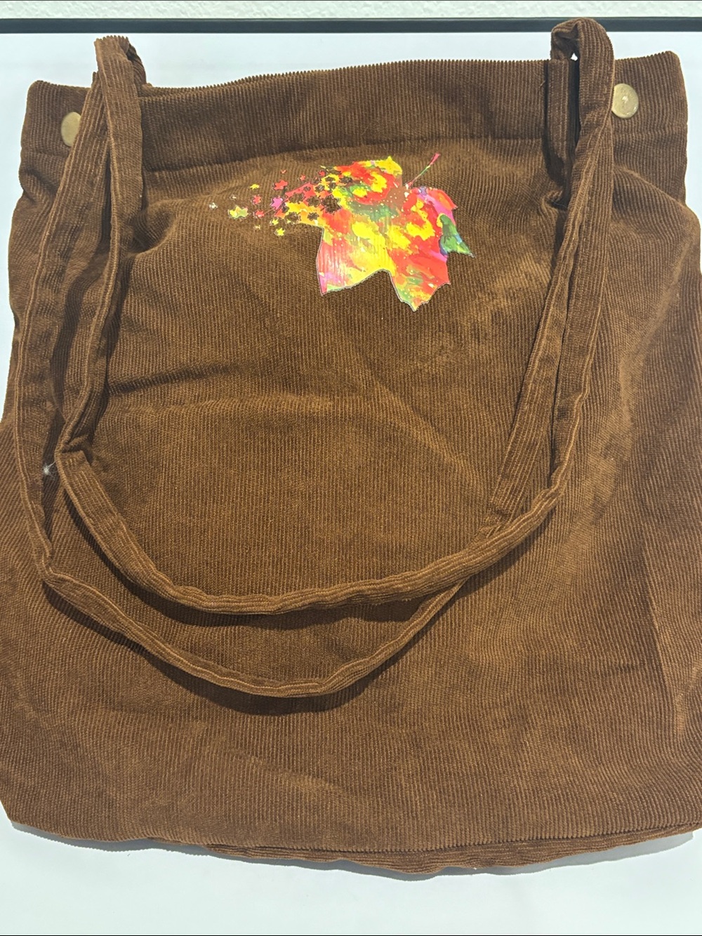 Vintage Brown Corduroy Tote Bag with Embroidered Splatter-Paint Maple Leaf